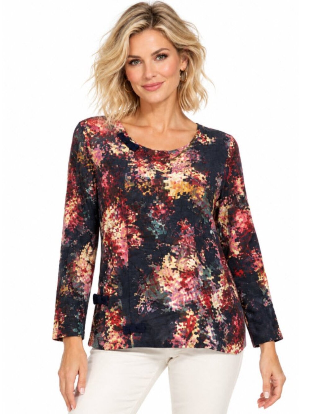 Guerxuan 100% Cotton Multicolour Abstract Floral Bow Top NWT Large
